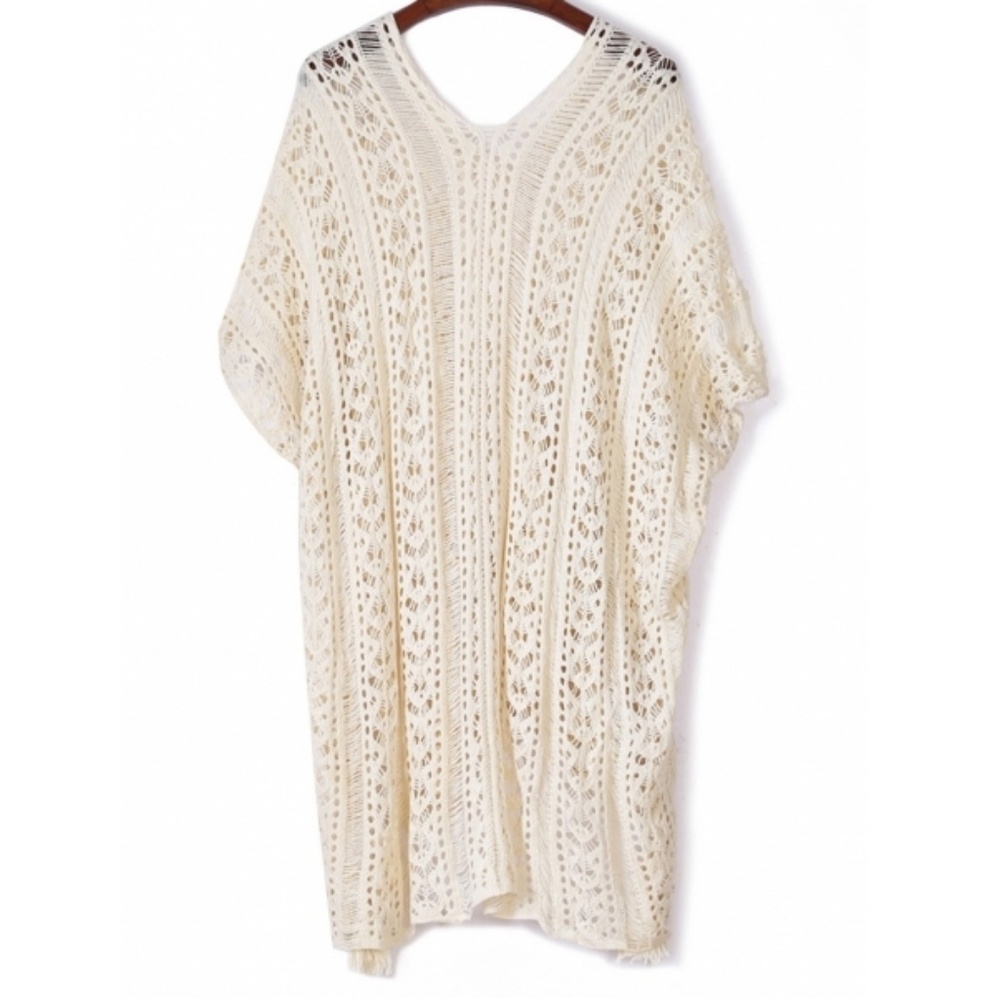 Beige Crochet Knit Beach Swim Coverup Poncho Tunic - Picture 6 of 8